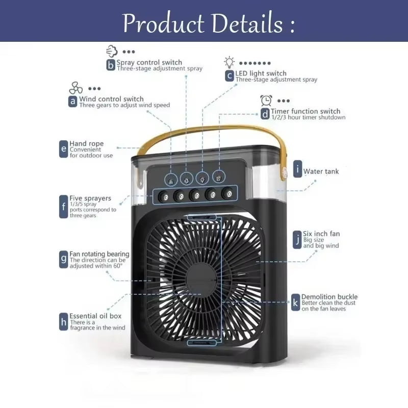 Versatile 3-in-1 Portable Air Cooler with LED Night Light - Compact Humidifier & Fan for Home and Office