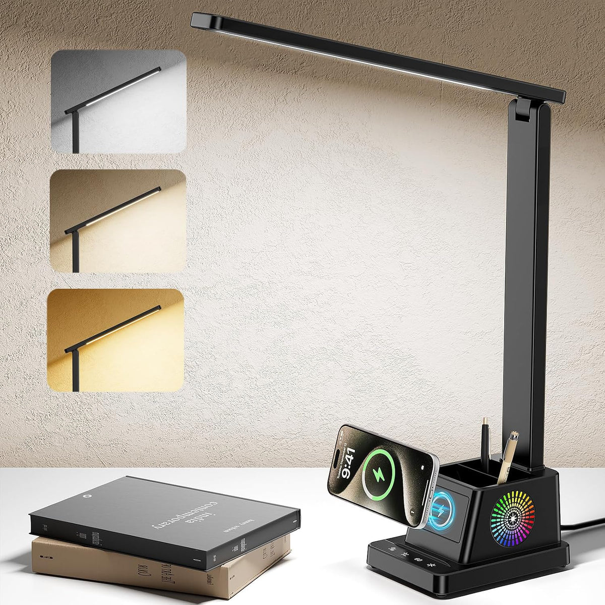LED Desk Lamp for Home Office,15W Wireless Charger Pen Holder, Black