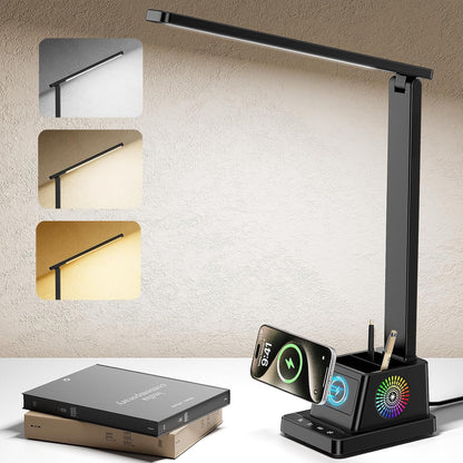 LED Desk Lamp for Home Office,15W Wireless Charger Pen Holder, Black