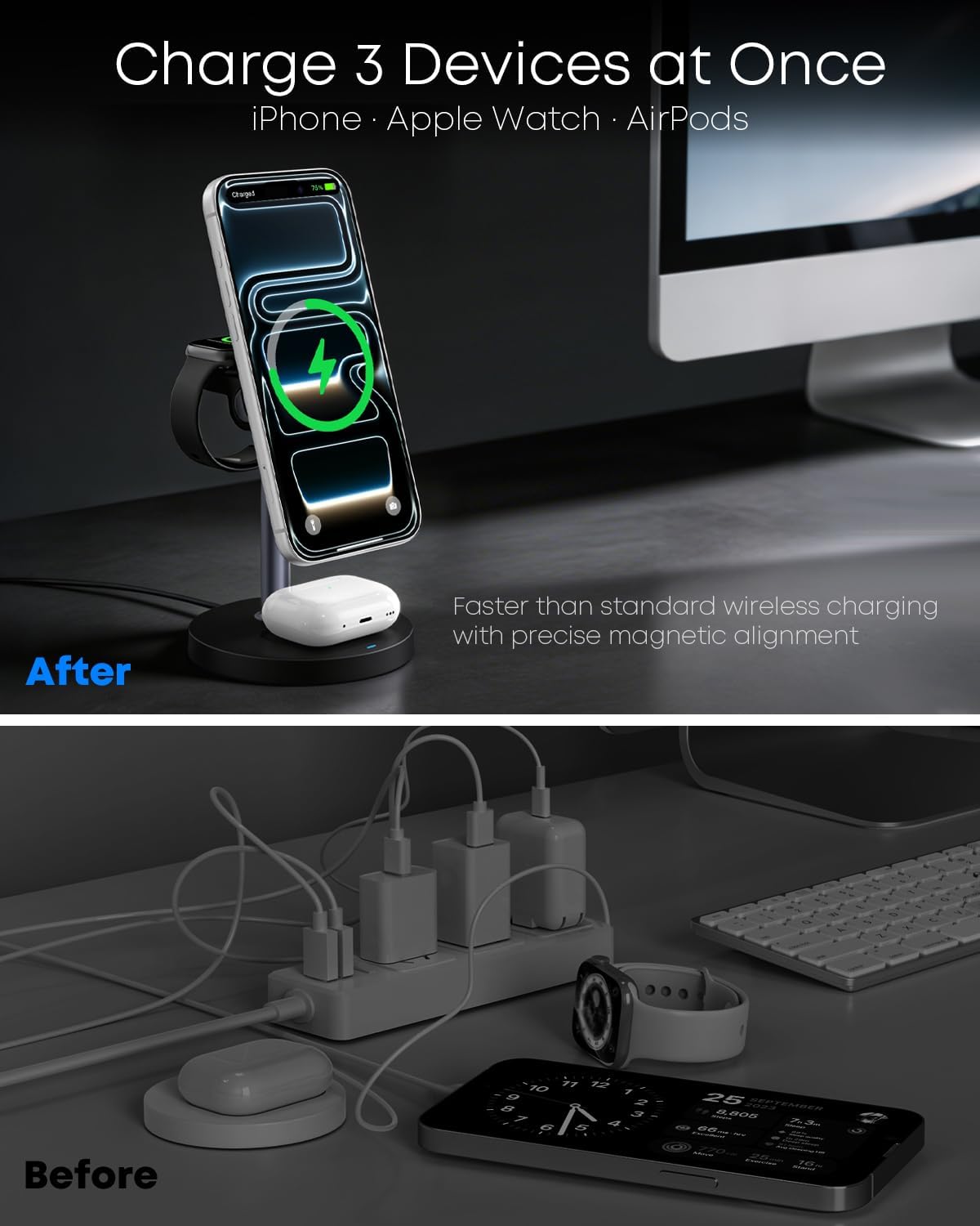 Ultimate 3-in-1 Magnetic Wireless Charging Station - 15W Fast Charger for iPhone, Apple Watch & AirPods - Sleek Black Design
