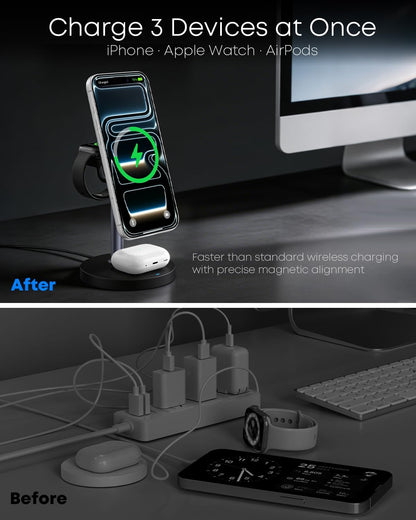 Ultimate 3-in-1 Magnetic Wireless Charging Station - 15W Fast Charger for iPhone, Apple Watch & AirPods - Sleek Black Design