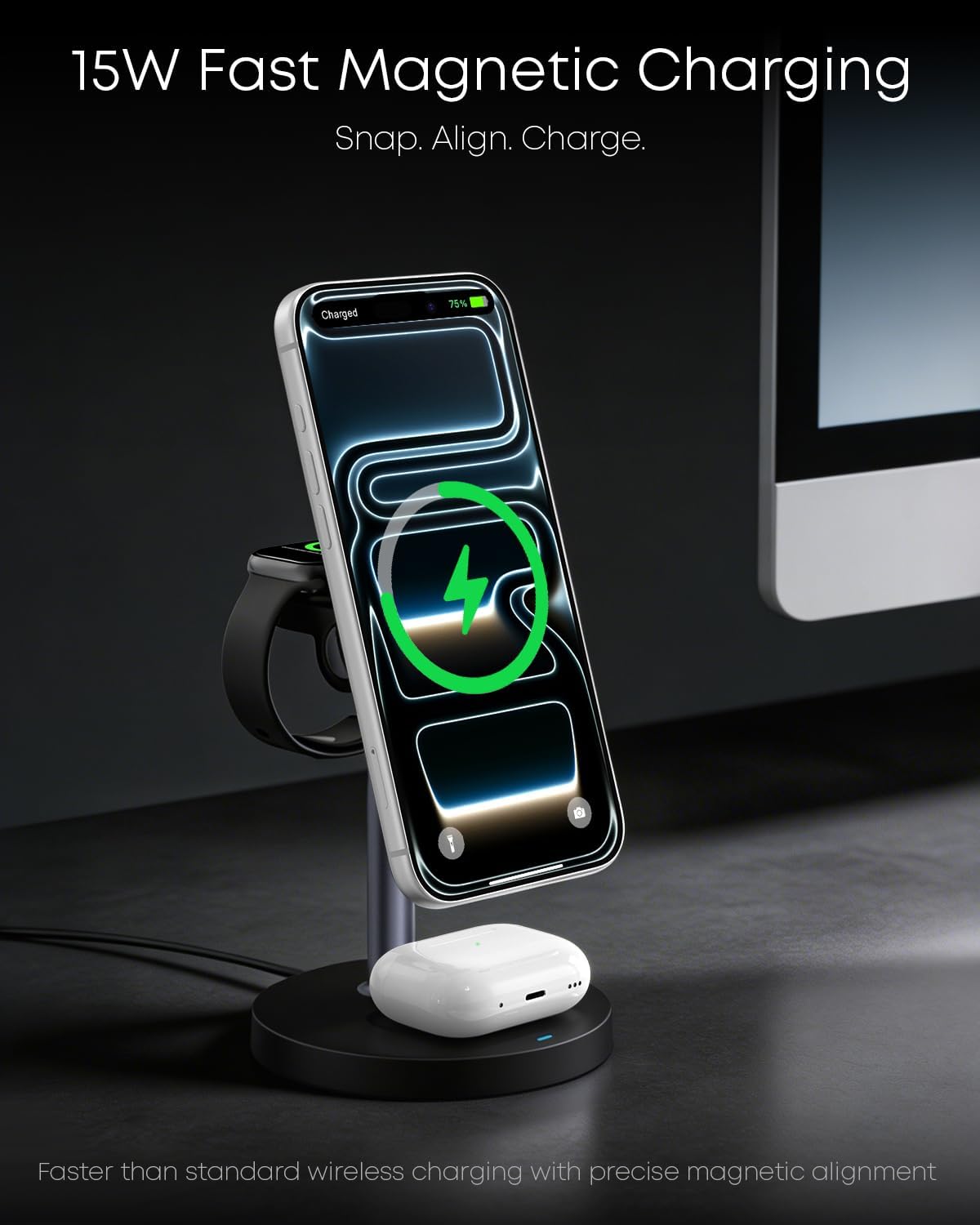 Ultimate 3-in-1 Magnetic Wireless Charging Station - 15W Fast Charger for iPhone, Apple Watch & AirPods - Sleek Black Design