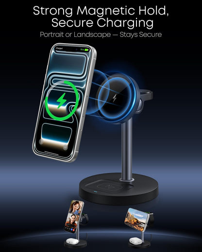 Ultimate 3-in-1 Magnetic Wireless Charging Station - 15W Fast Charger for iPhone, Apple Watch & AirPods - Sleek Black Design