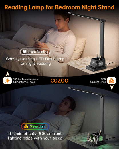 LED Desk Lamp for Home Office,15W Wireless Charger Pen Holder, Black