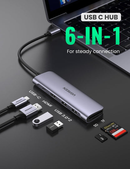 Elevate Your Connectivity with the 6-In-1 USB-C Hub: 4K HDMI, 3 USB 3.0 Ports, and SD/TF Card Reader - Perfect for Macbook, iPad, and iPhone 15 Pro/Pro Max in Sleek Silver
