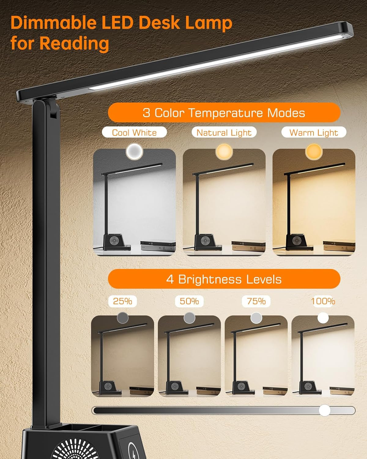 LED Desk Lamp for Home Office,15W Wireless Charger Pen Holder, Black